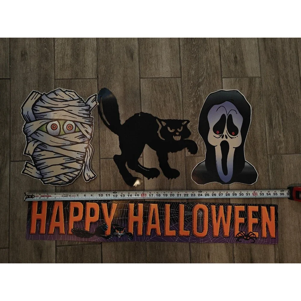 Vintage Halloween Die Cut Decorations Mummy/ Scream Glo In dark,Cat,Mummy,Banner